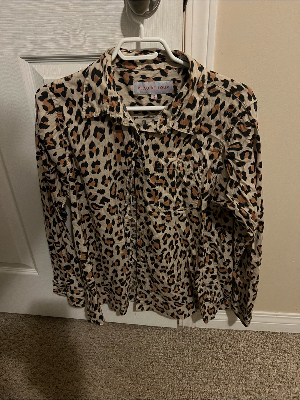Peau De Loup Leopard Print Shirt - Tan, Black, Brown upcycled cotton size. 14